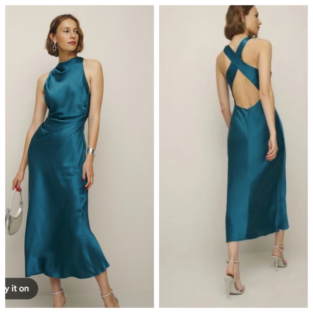 Reformation Cassette Silk Midi Dress Tidepool Blue Green NWT 4